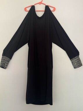 Moda International Black Tank Top/Draped Sleeve Dress w Beaded Cuffs & Open Back
